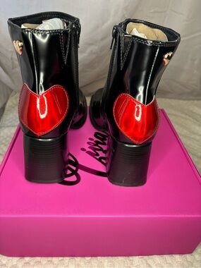 Olivia Miller size 8 Black Patent Ankle Boots with Red Heart Detail